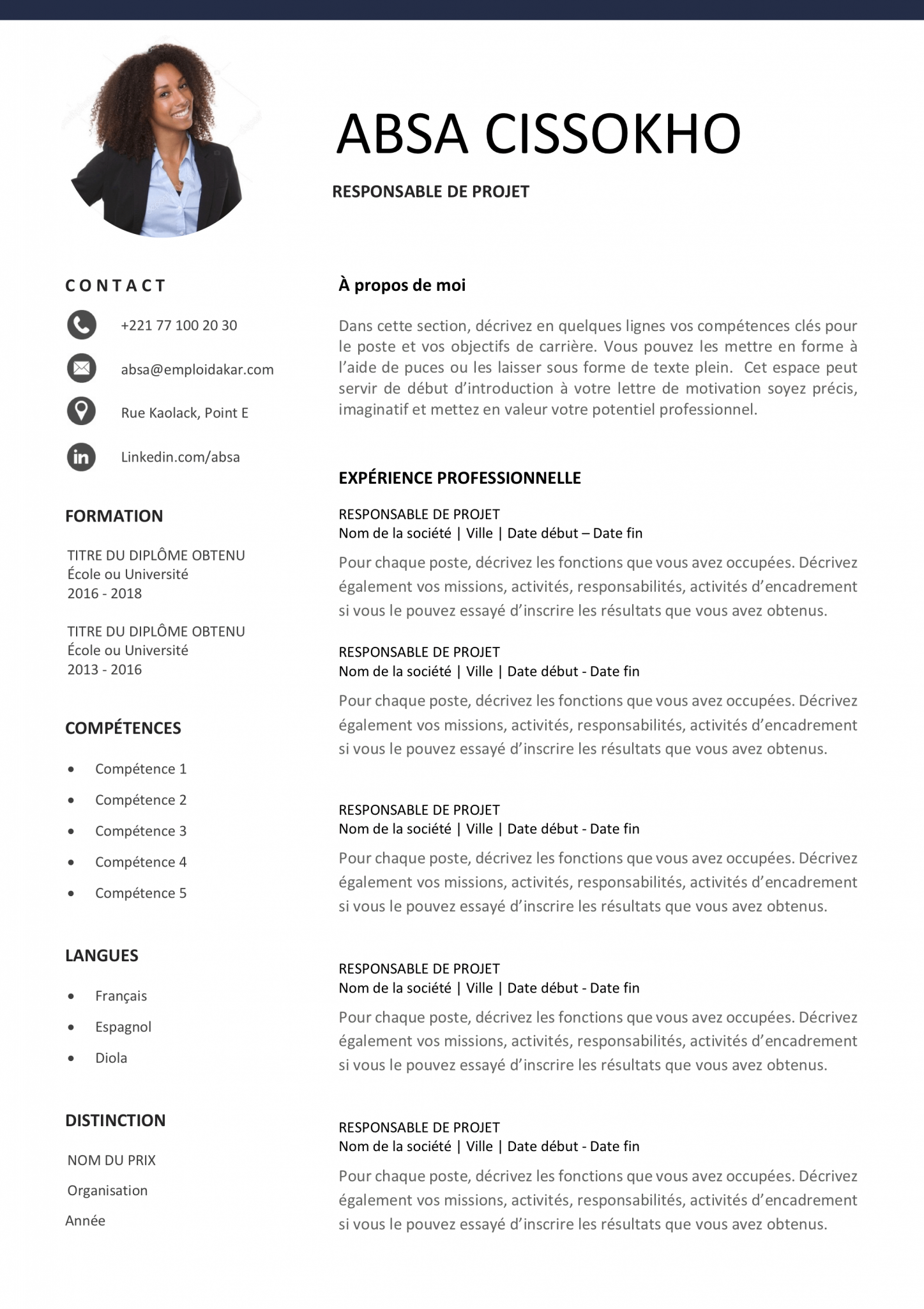 Exemple de CV Responsable / Chef de Projet - Emploi Dakar