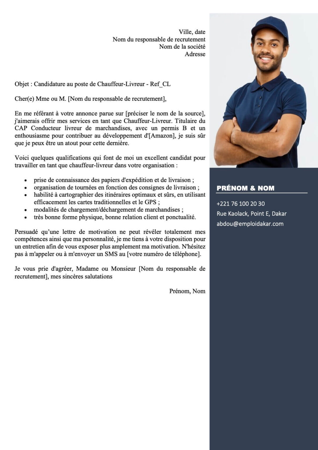 Exemple de Lettre de Motivation ChauffeurLivreur Gratuit à Télécharger